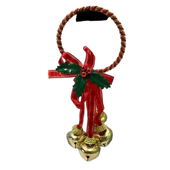 Holly Sleigh Bell Door Hanger Christmas Wall Decor Red Gold Green 8 Inch - Picture 1 of 6
